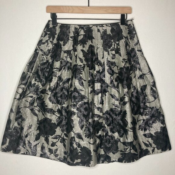 Lafayette 148 New York Black, Silver, Gray Metallic Floral A-Line Skirt Size 4 - Picture 1 of 14